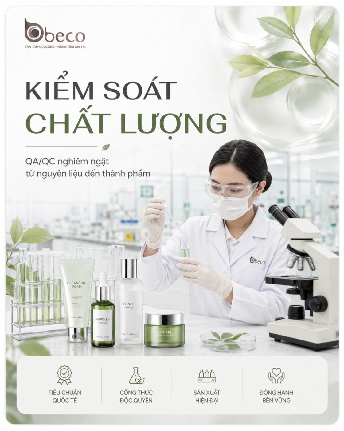 Chuyên viên QA/QC của BECO kiểm mẫu mỹ phẩm bằng kính hiển vi trong phòng lab