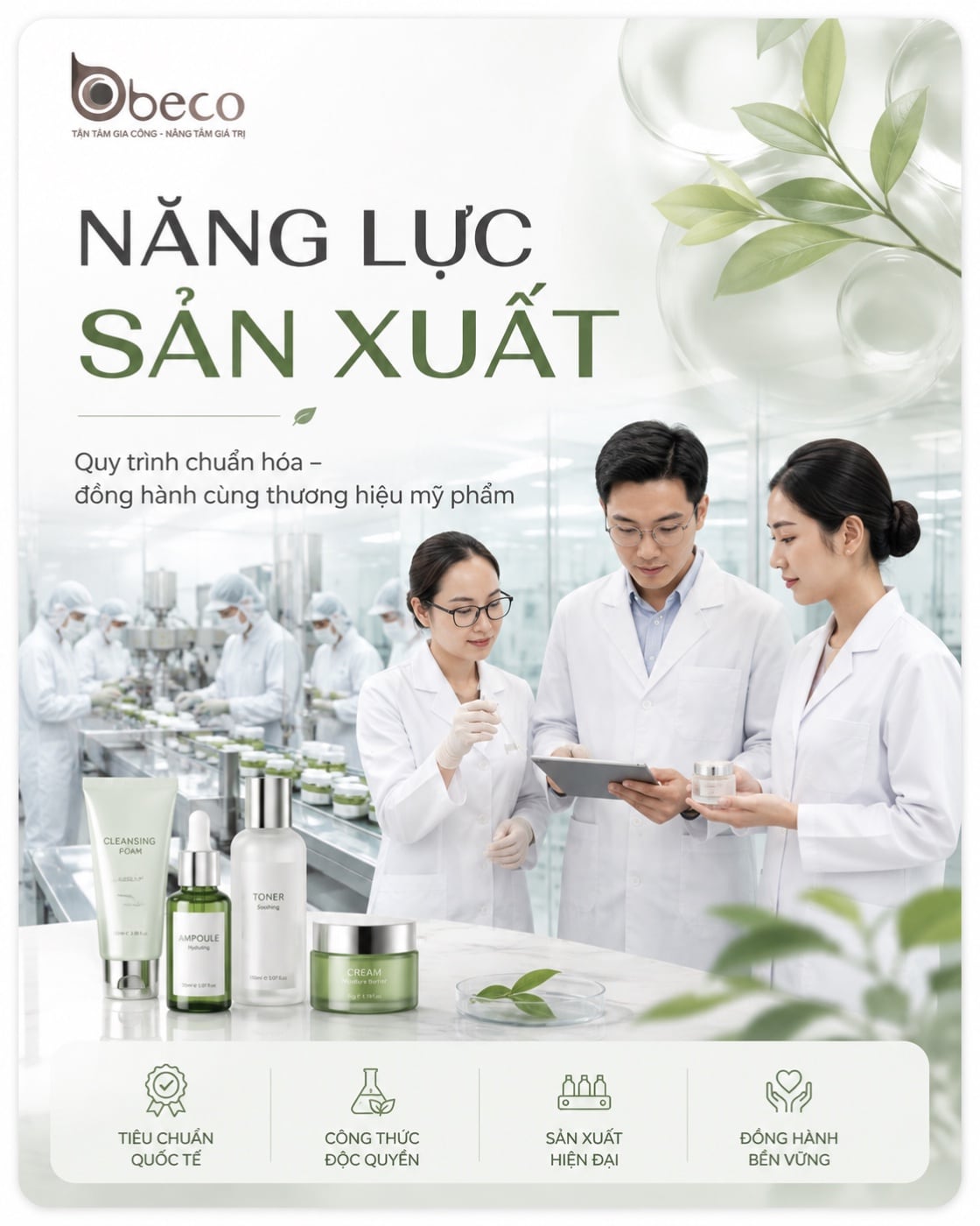 Nhân sự BECO trong phòng sạch, bên dây chuyền pha chế và chiết rót mỹ phẩm
