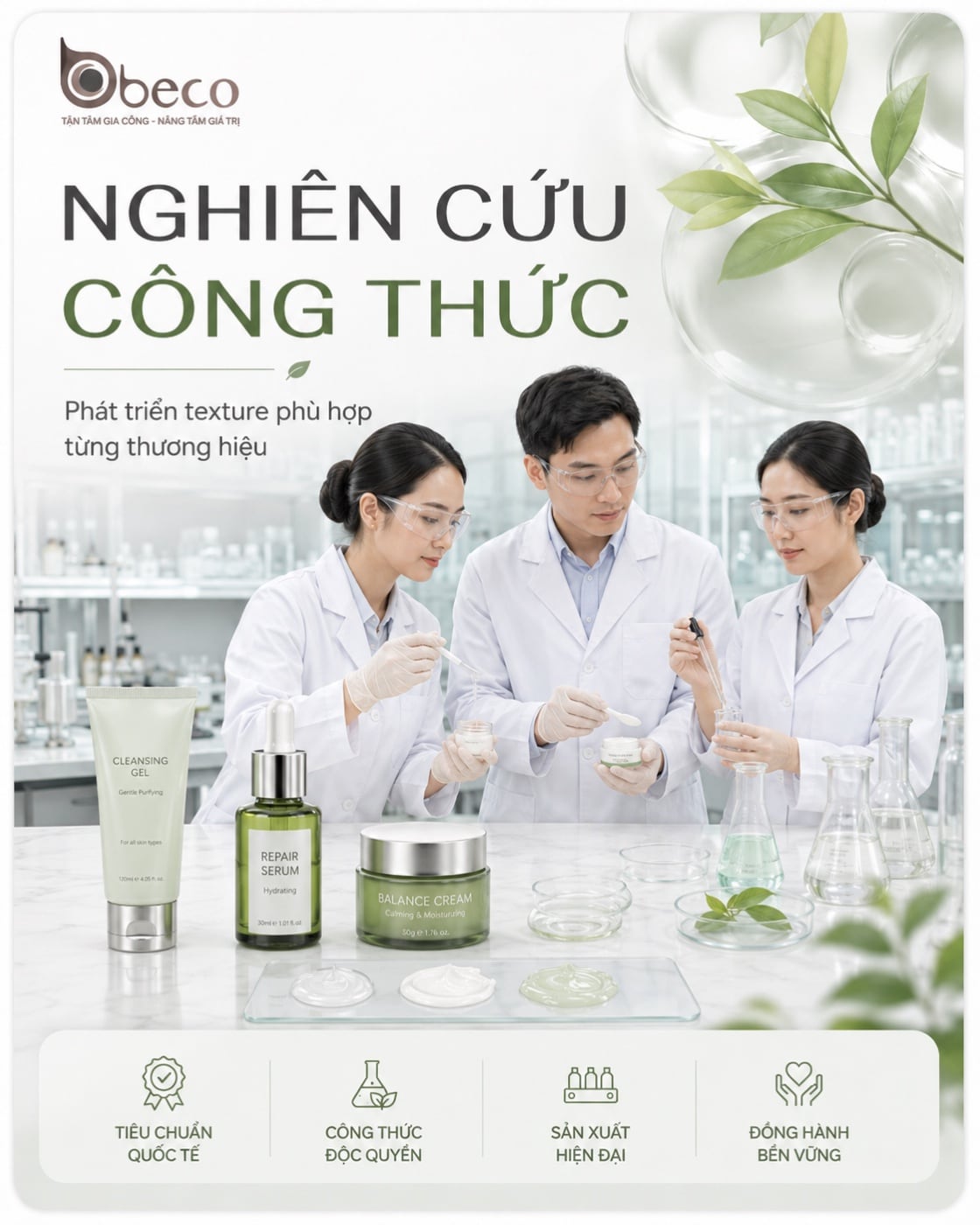 Chuyên viên phòng lab BECO thử kết cấu mẫu công thức mỹ phẩm