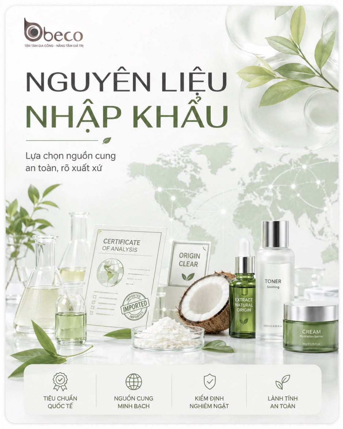 Nguyên liệu mỹ phẩm nhập khẩu có chứng nhận xuất xứ và phiếu phân tích, cùng nguyên liệu dừa Bến Tre