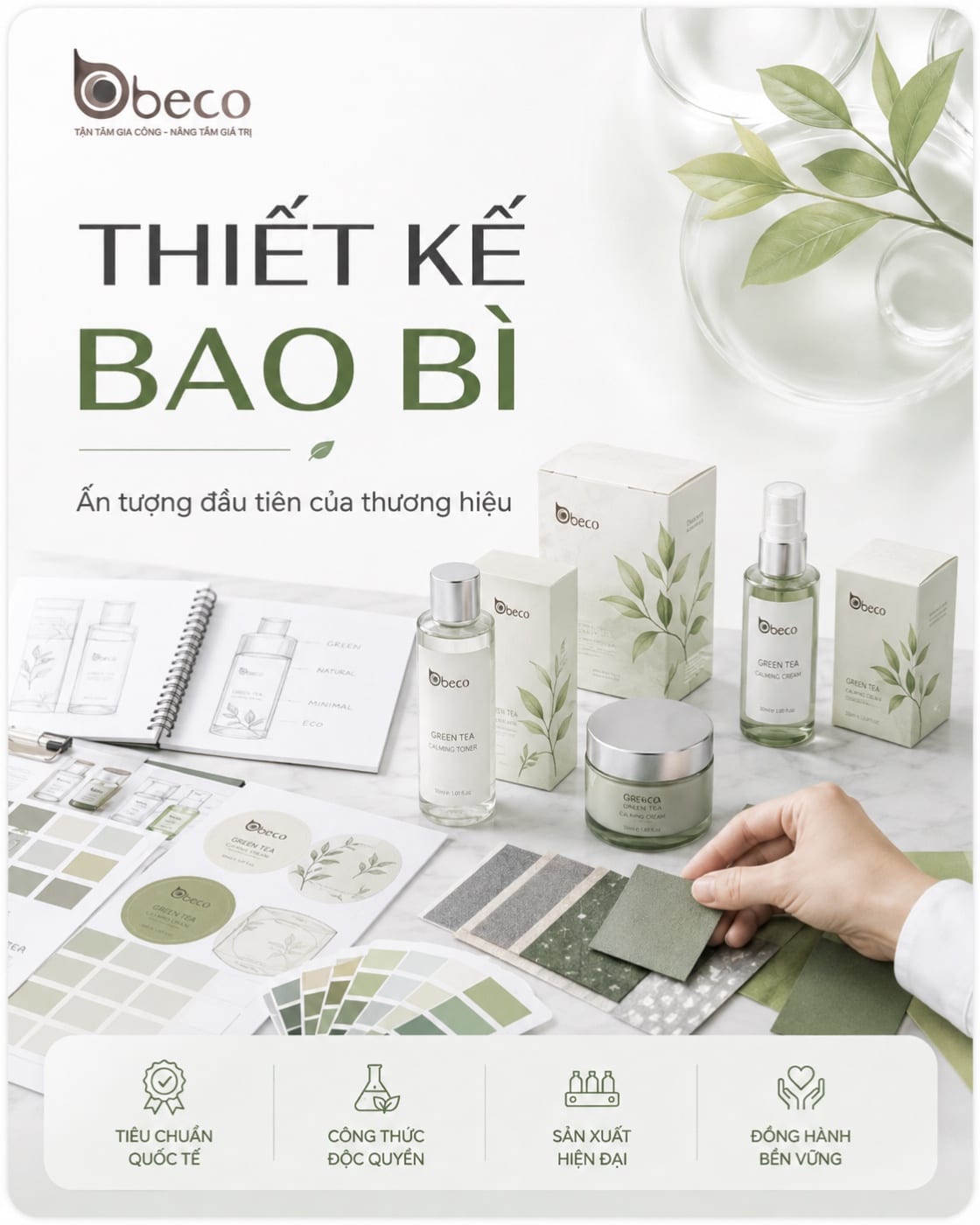 Bộ bao bì mỹ phẩm cùng bảng màu và bản phác thảo thiết kế của BECO