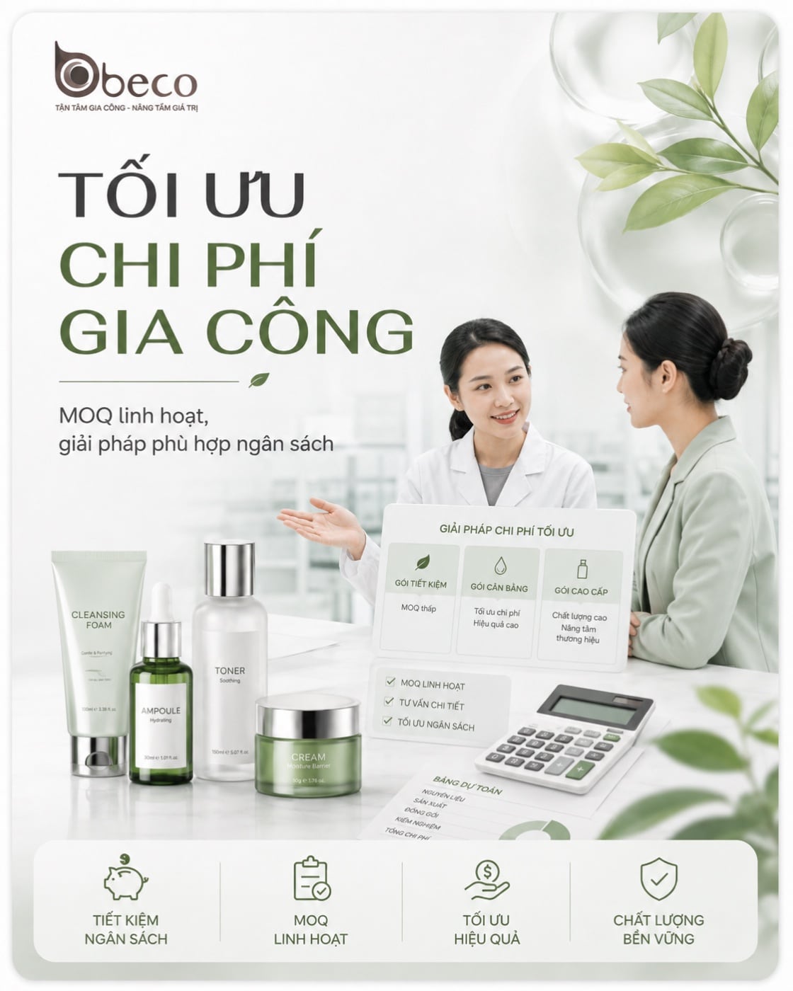Chuyên viên BECO trao đổi với khách hàng về phương án chi phí gia công mỹ phẩm