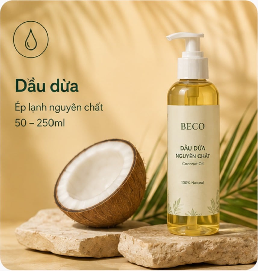 Dầu dừa ép lạnh nguyên chất BECO, quy cách 50 đến 250ml