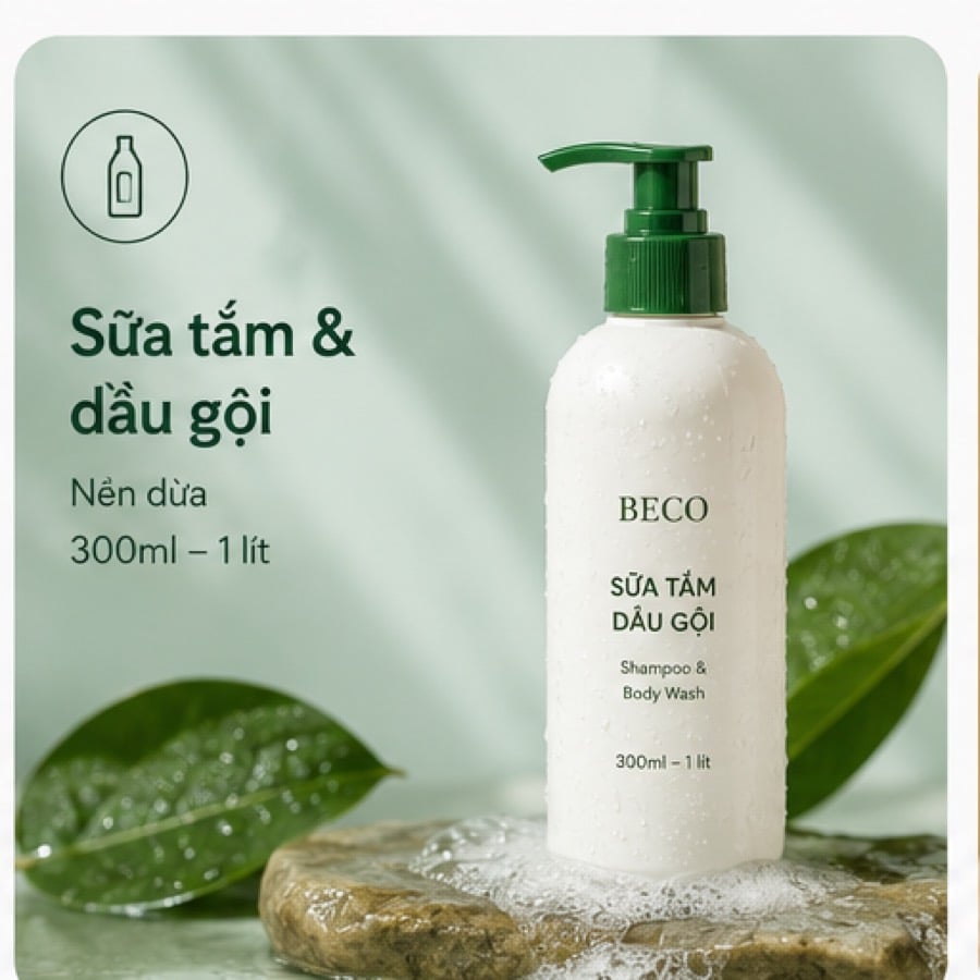Sữa tắm và dầu gội nền dừa BECO, quy cách 300ml đến 1 lít