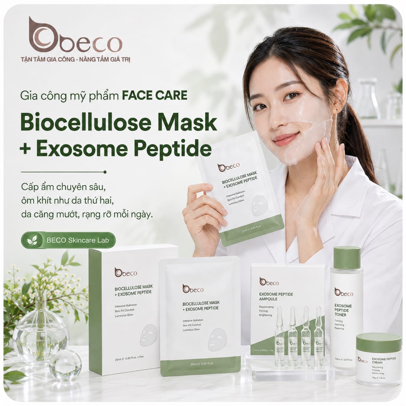 Mặt nạ biocellulose và ống tinh chất Exosome Peptide do BECO gia công