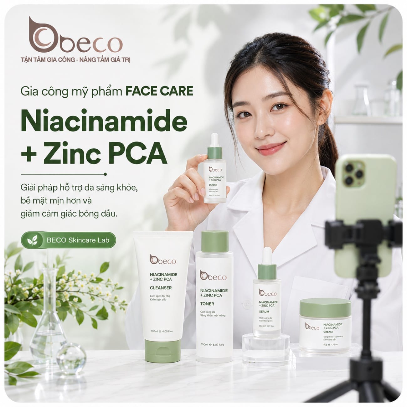 Bộ sữa rửa mặt, toner và kem dưỡng dòng Niacinamide + Zinc PCA do BECO gia công