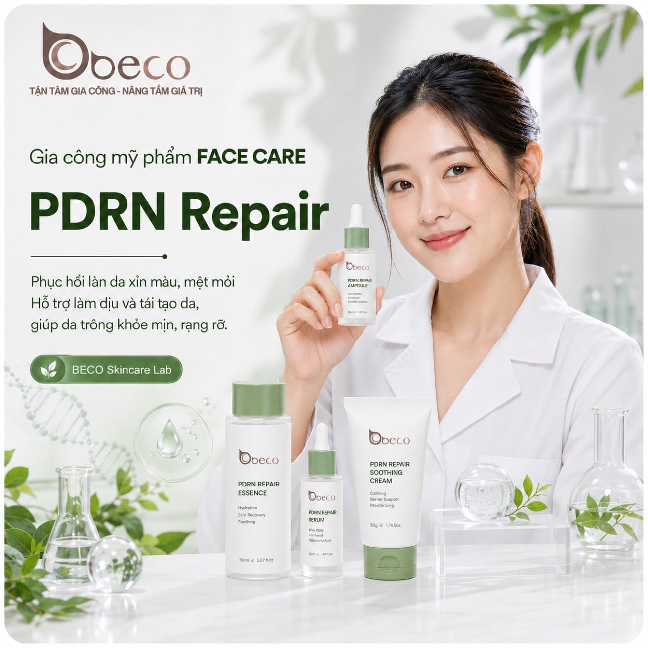 Bộ sản phẩm chăm sóc da mặt dòng PDRN Repair do BECO gia công