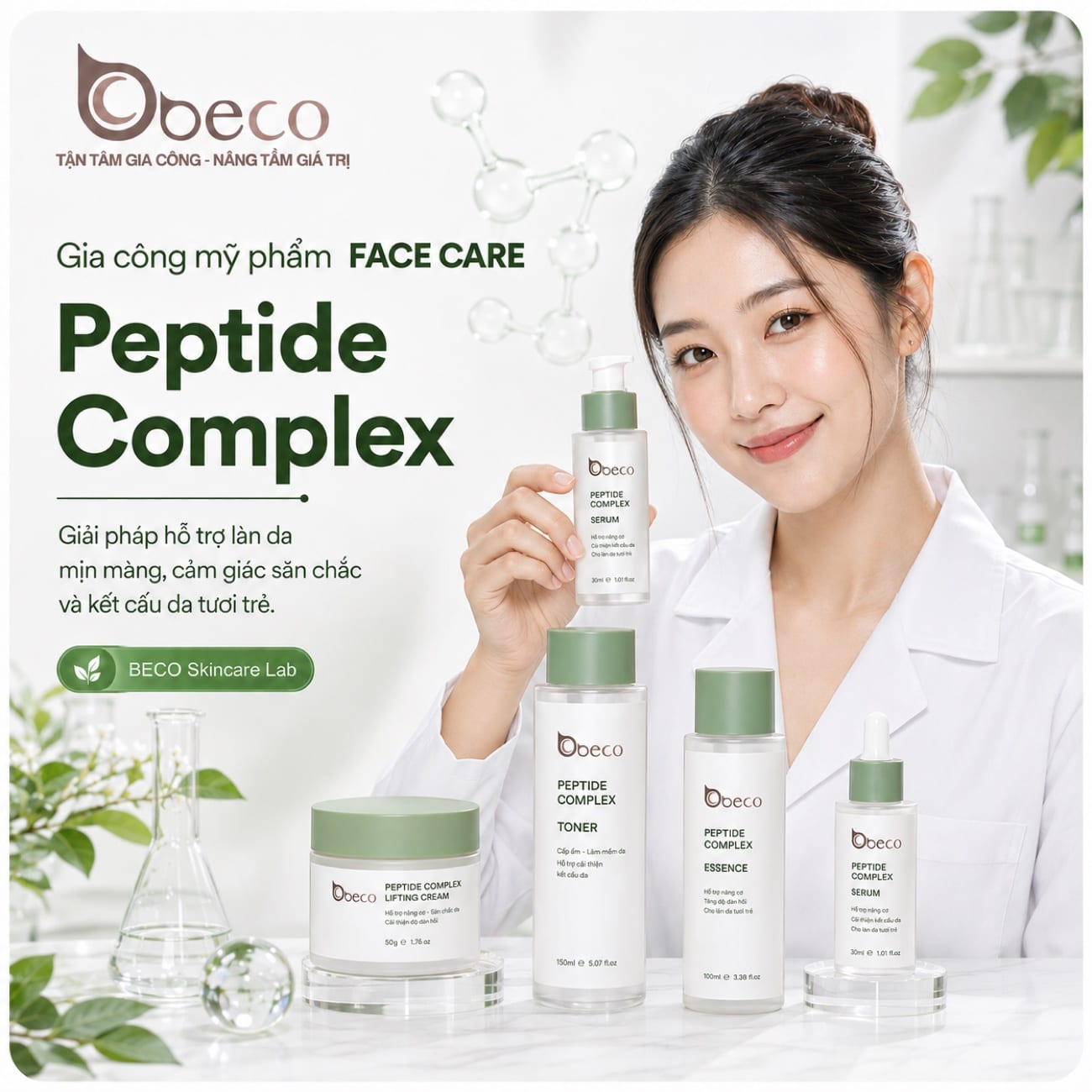Bộ toner, essence và serum dòng Peptide Complex do BECO gia công