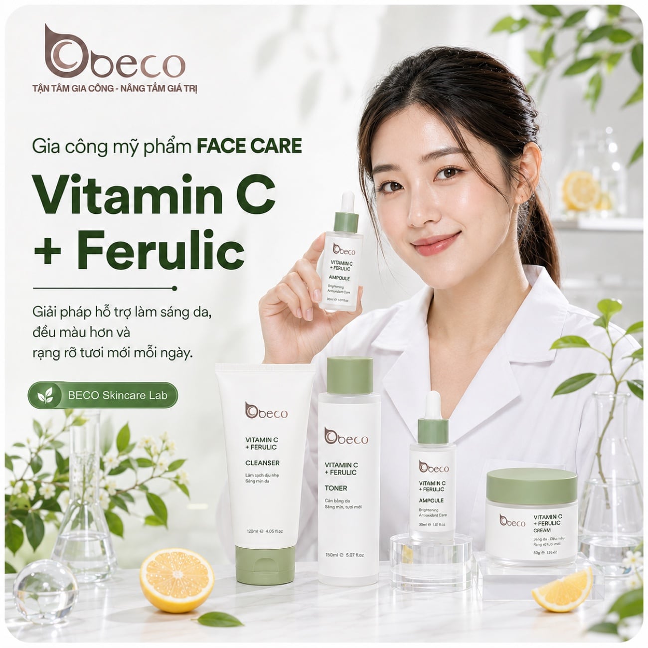 Bộ sản phẩm dòng Vitamin C + Ferulic do BECO gia công