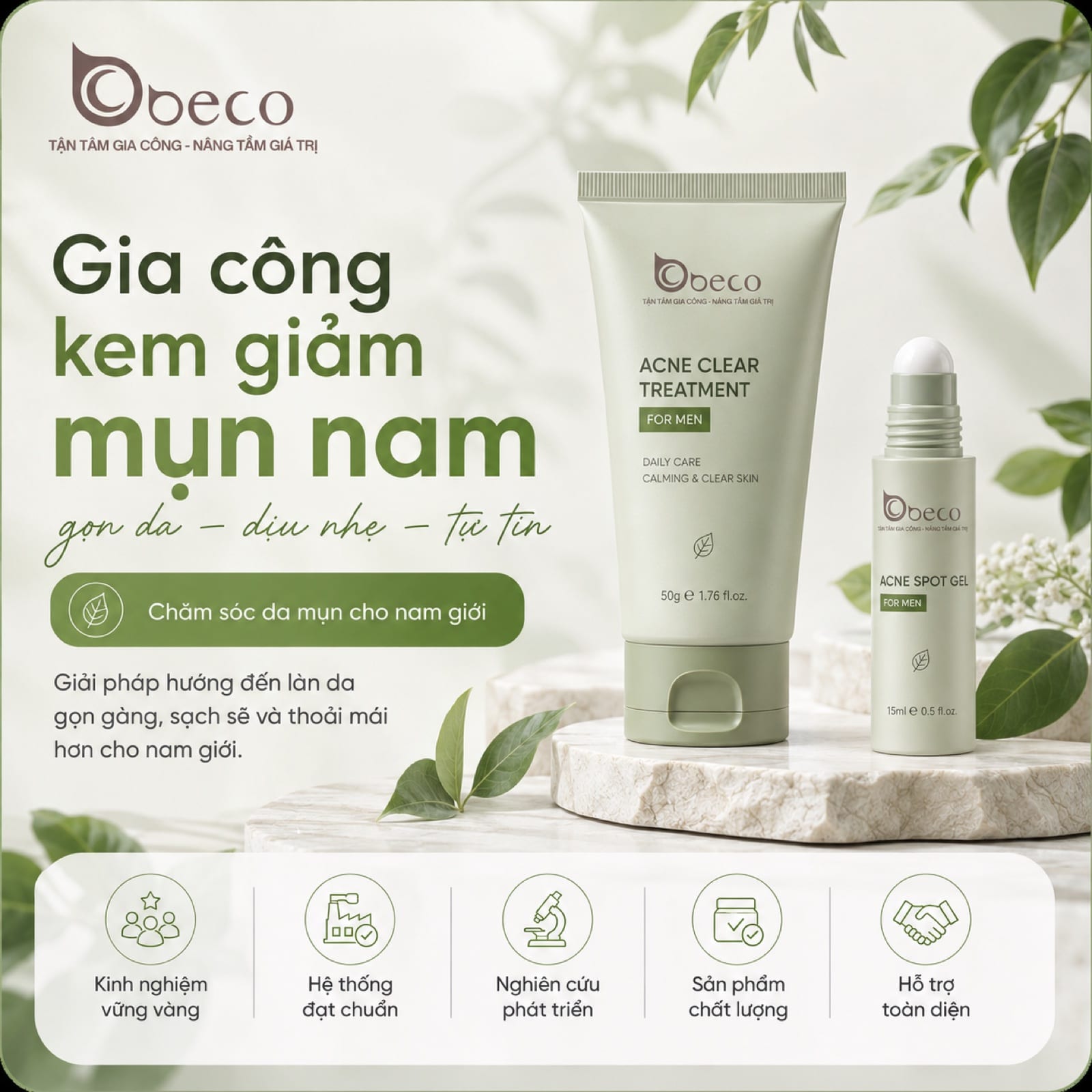 Kem hỗ trợ giảm mụn dành cho nam do BECO gia công