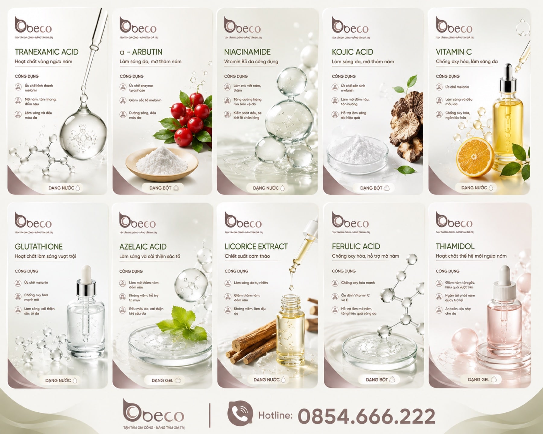 Bảng đối chiếu mười hoạt chất hỗ trợ làm sáng da trong danh mục nguyên liệu của BECO