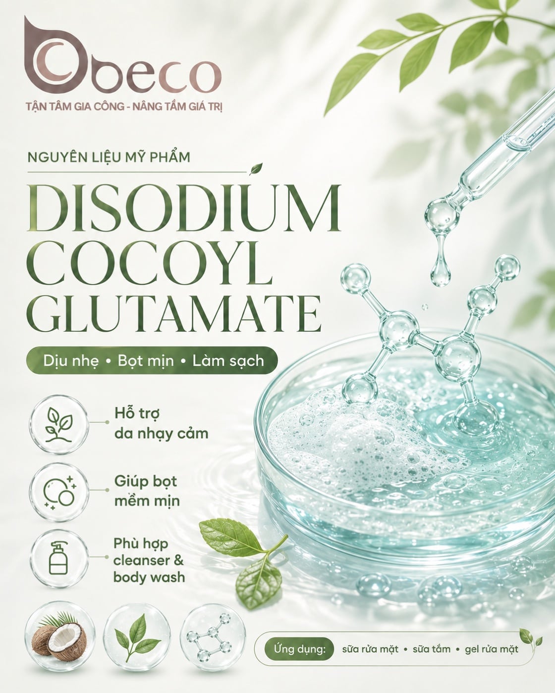Nguyên liệu Disodium Cocoyl Glutamate trong danh mục nguyên liệu của BECO