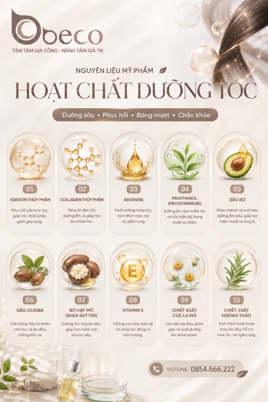 Thẻ Keratin · Collagen · Arginine · Panthenol · Dầu bơ trong bộ bộ thẻ hoạt chất dưỡng tóc của BECO