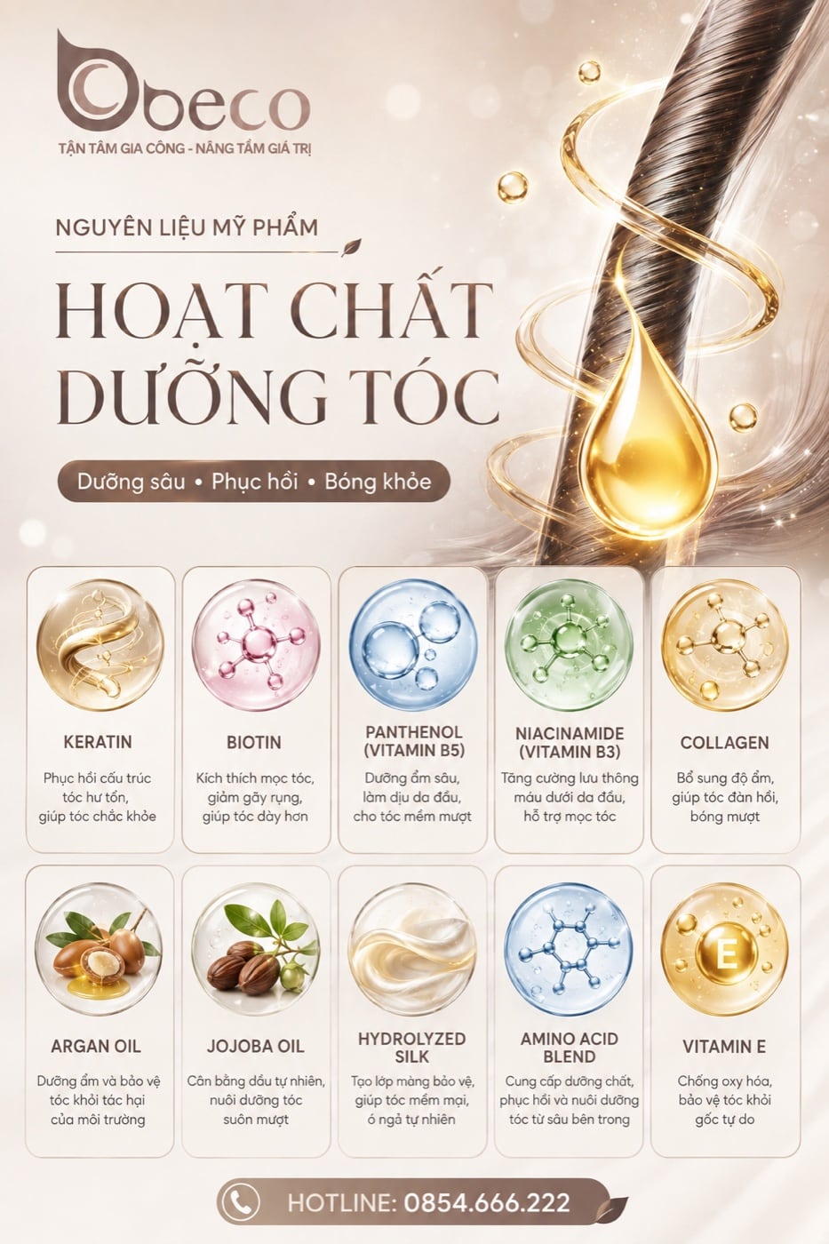 Thẻ Tổng quan hoạt chất dưỡng tóc trong bộ bộ thẻ hoạt chất dưỡng tóc của BECO