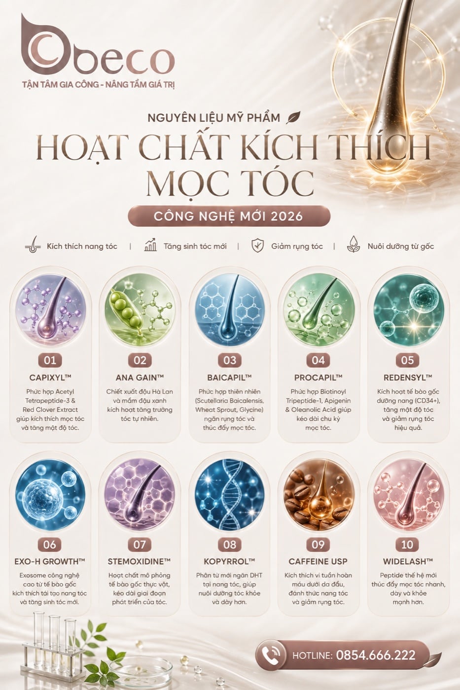Thẻ Tổng quan công nghệ mới trong bộ bộ thẻ hoạt chất hỗ trợ mọc tóc của BECO