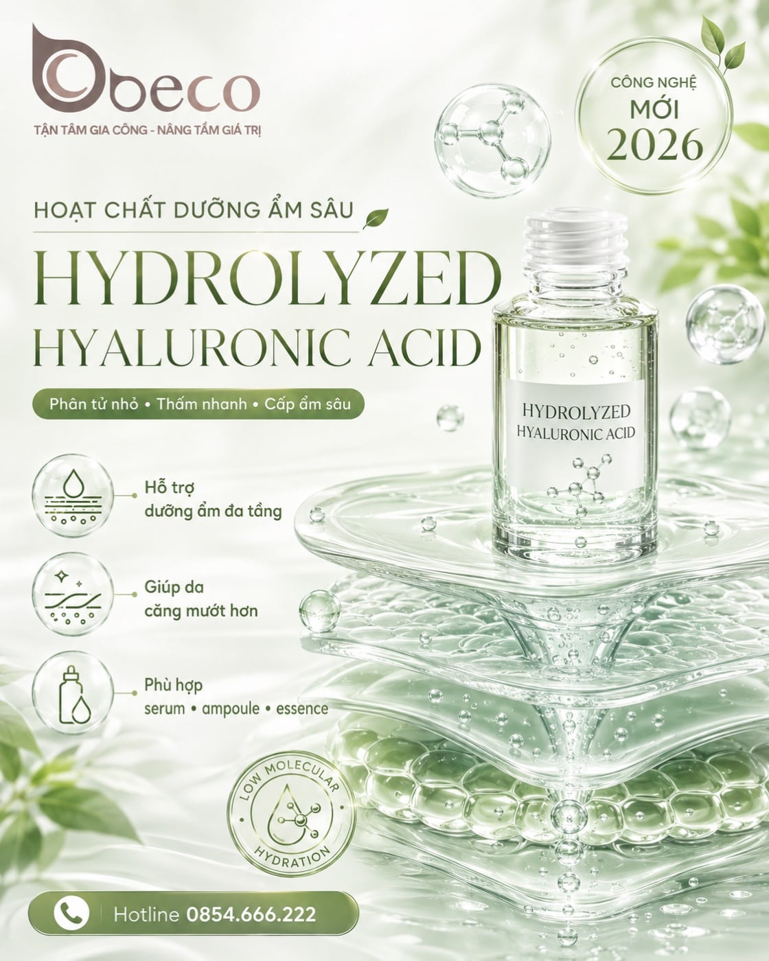 Nguyên liệu Hydrolyzed Hyaluronic Acid trong danh mục nguyên liệu của BECO
