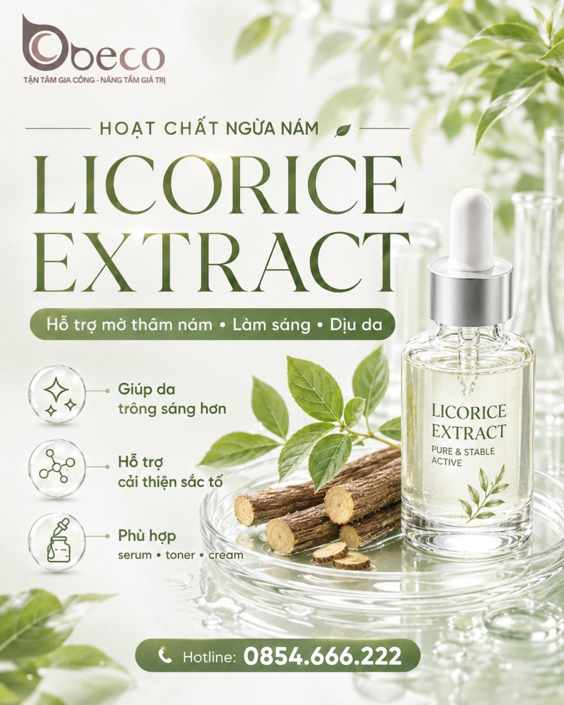 Thẻ Licorice Extract trong bộ bộ thẻ hoạt chất hỗ trợ đều màu của BECO