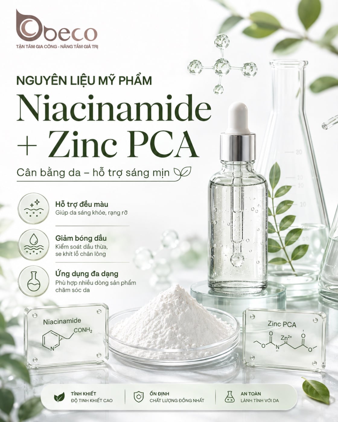 Nguyên liệu Niacinamide + Zinc PCA trong danh mục nguyên liệu của BECO