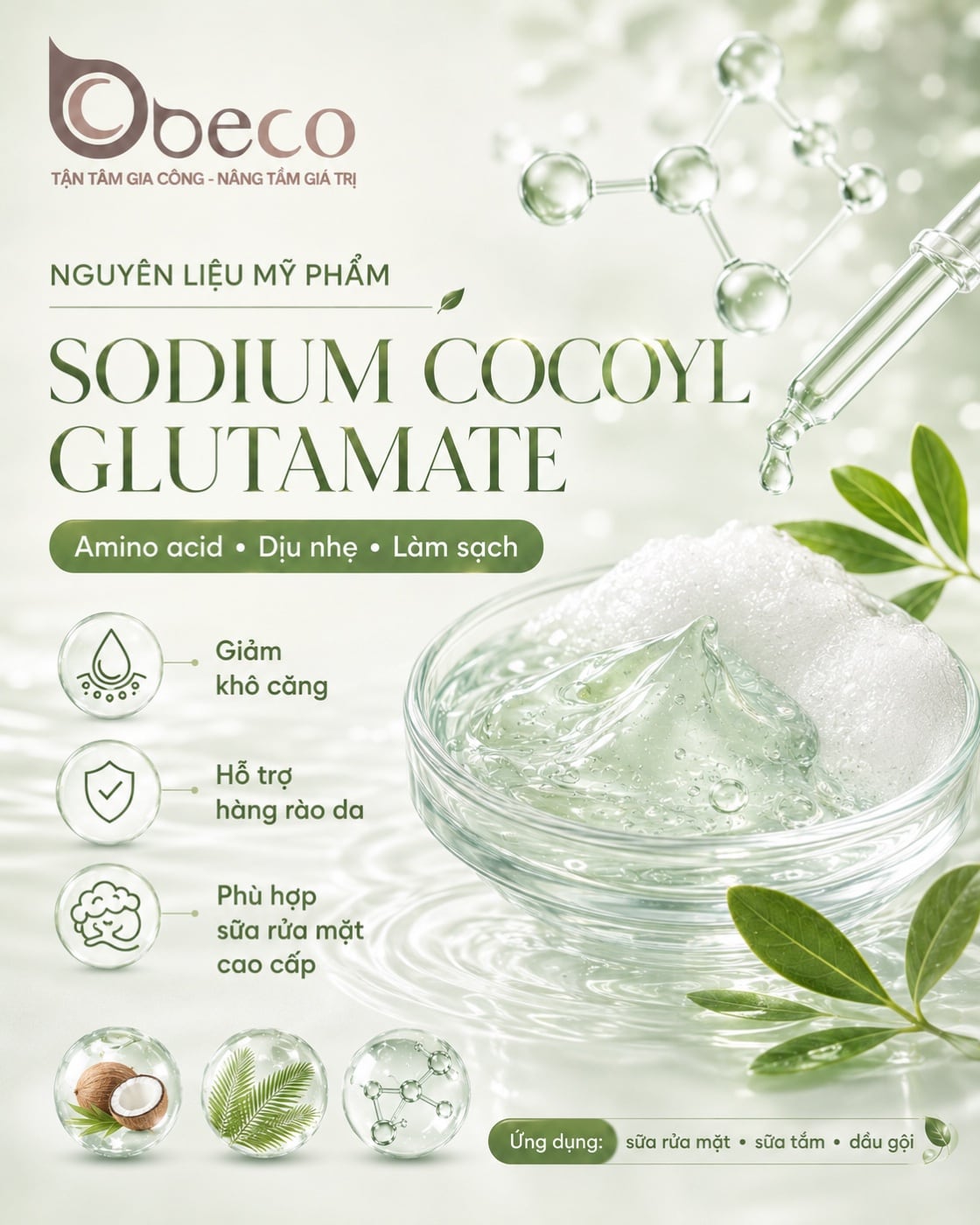 Nguyên liệu Sodium Cocoyl Glutamate trong danh mục nguyên liệu của BECO