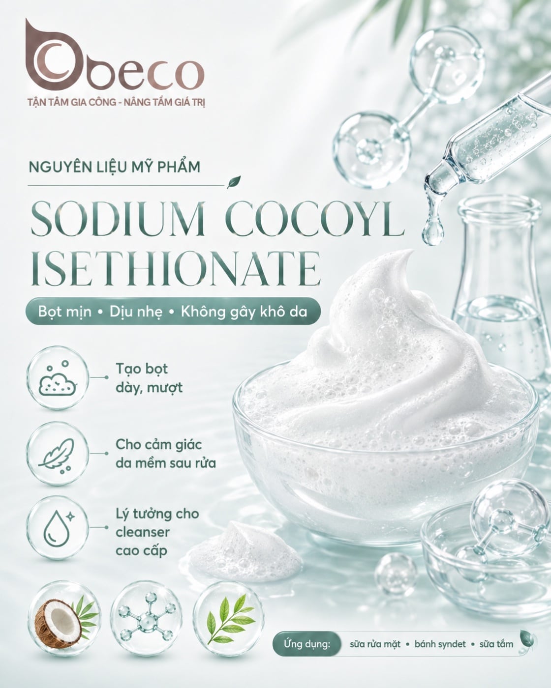 Nguyên liệu Sodium Cocoyl Isethionate trong danh mục nguyên liệu của BECO