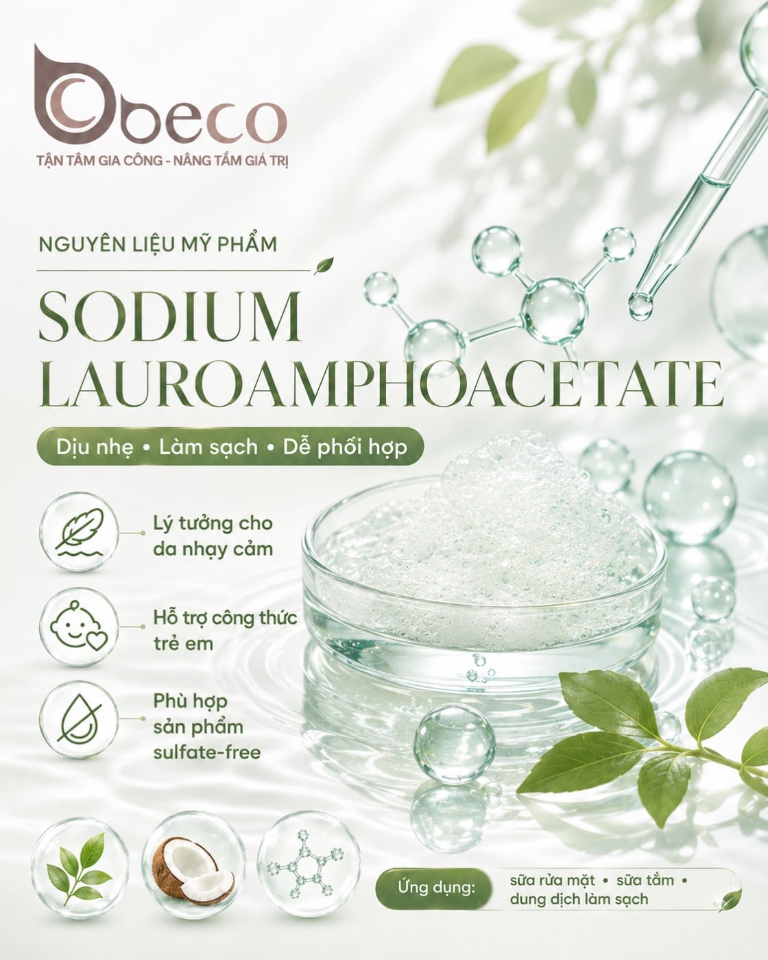 Nguyên liệu Sodium Lauroamphoacetate trong danh mục nguyên liệu của BECO