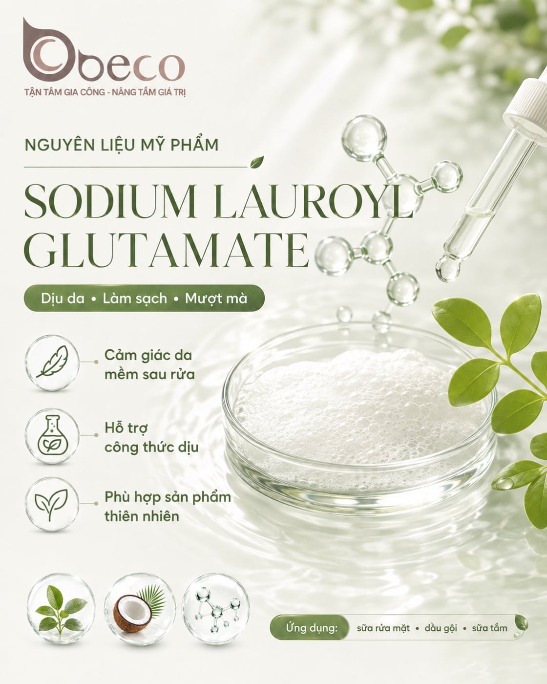 Nguyên liệu Sodium Lauroyl Glutamate trong danh mục nguyên liệu của BECO