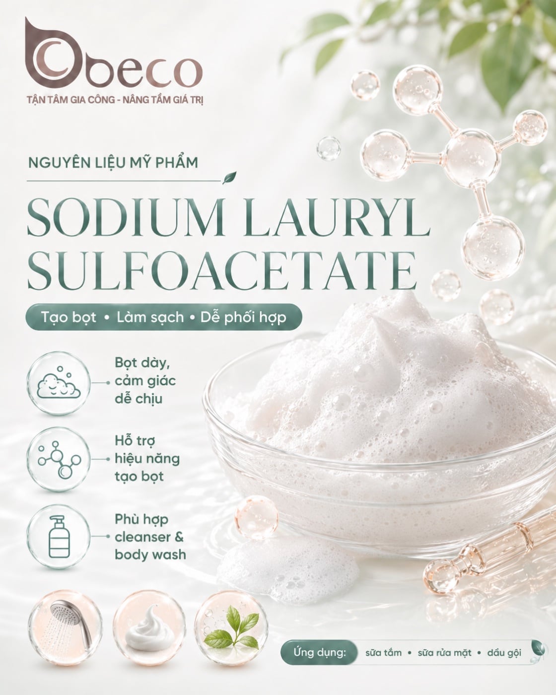 Nguyên liệu Sodium Lauryl Sulfoacetate trong danh mục nguyên liệu của BECO