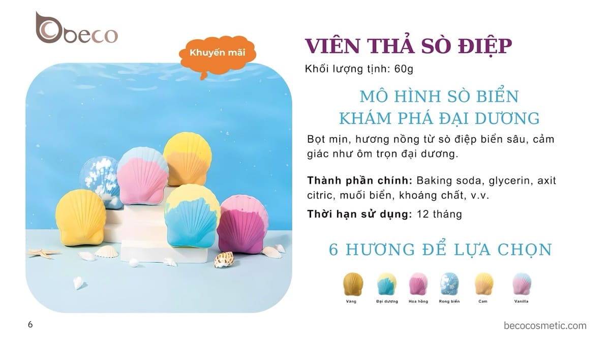 Viên sủi thả bồn tắm tạo hình sò điệp do BECO sản xuất