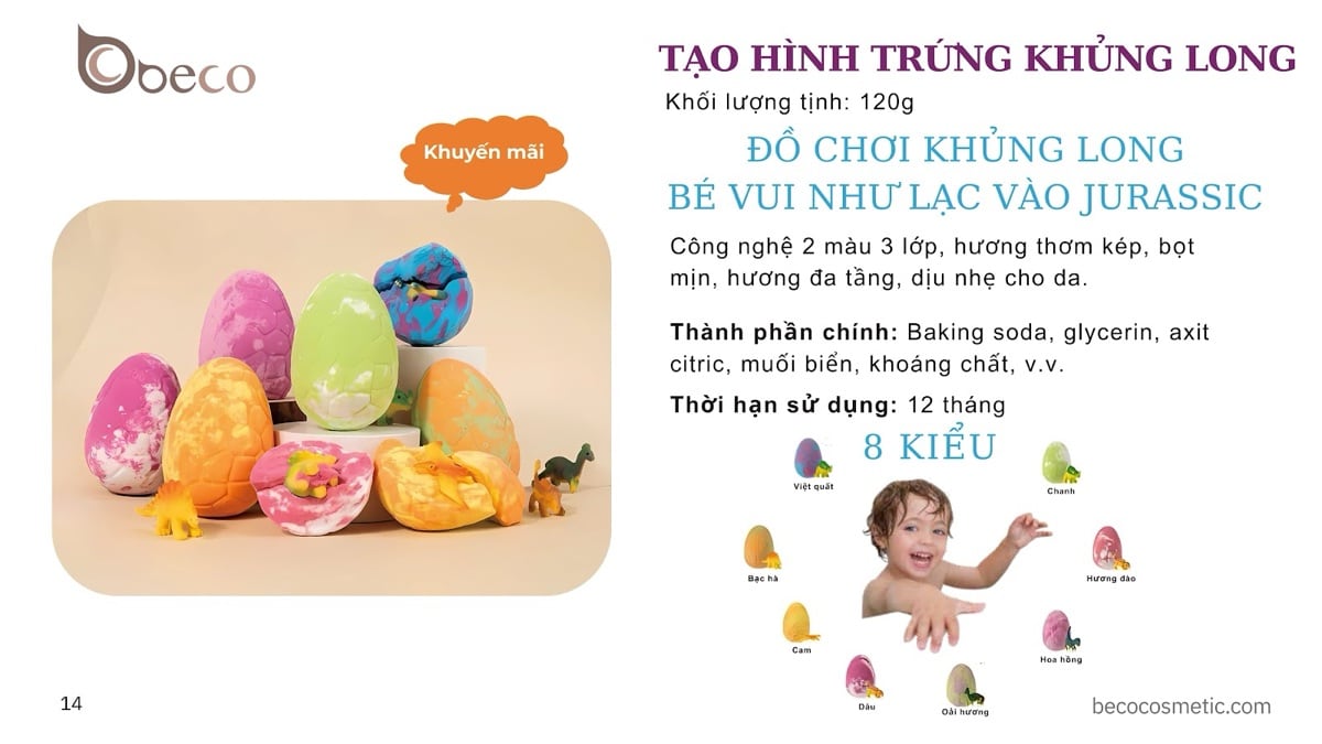 Viên sủi thả bồn tắm tạo hình trứng khủng long cho bé do BECO sản xuất