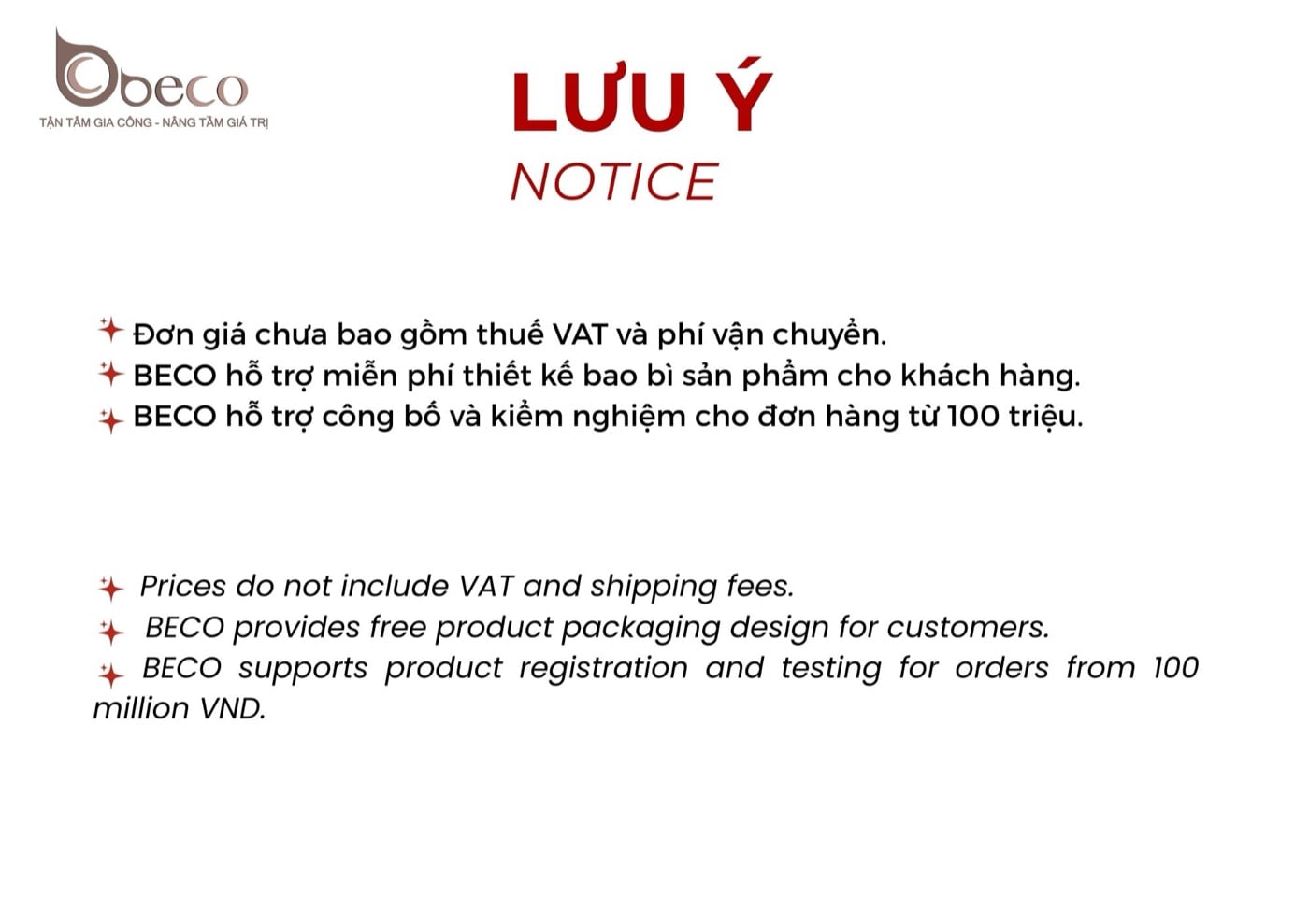 Trang lưu ý kèm báo giá của BECO