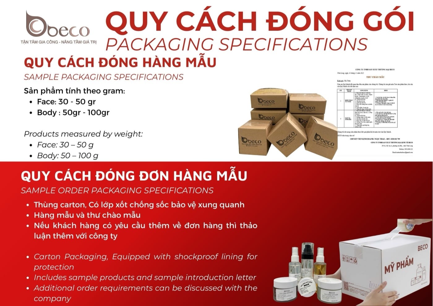 Quy cách đóng gói hàng mẫu và đơn hàng của BECO