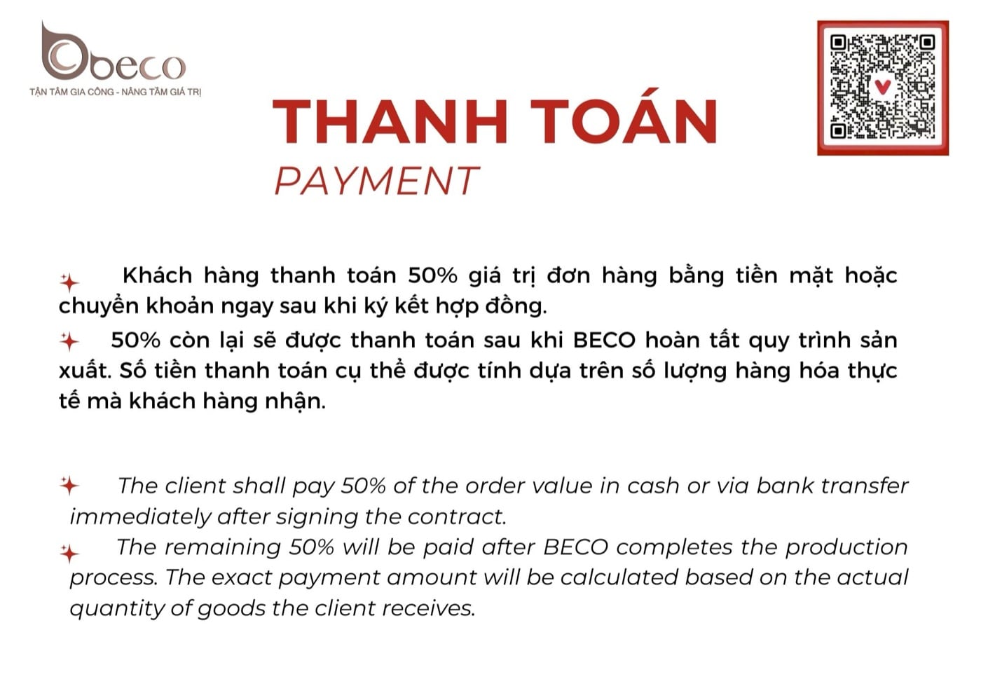 Điều khoản thanh toán trong báo giá của BECO