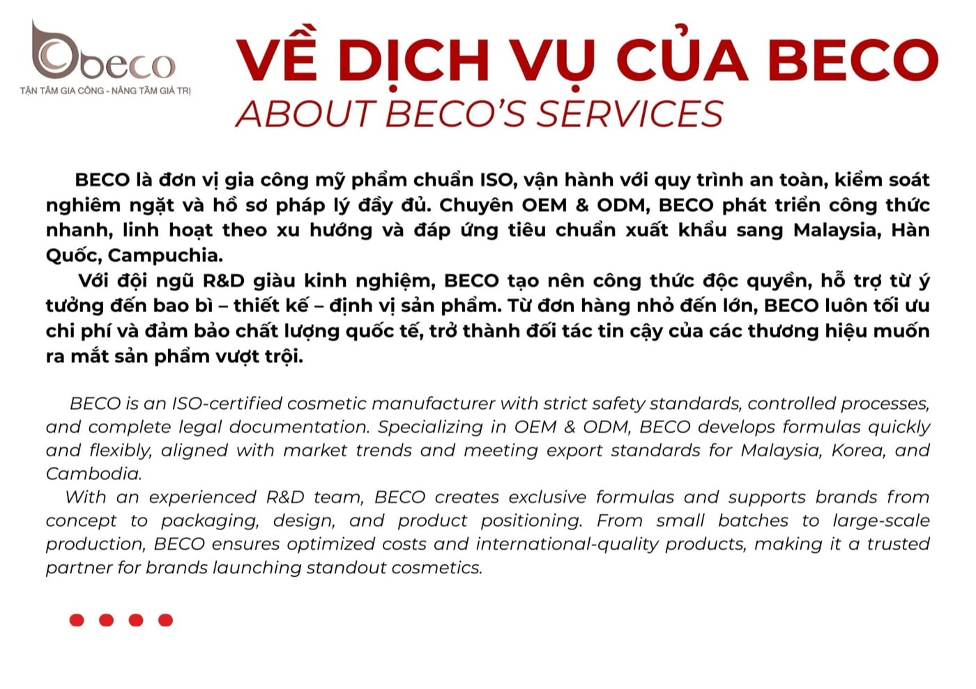 Trang giới thiệu dịch vụ gia công của BECO, song ngữ Việt Anh