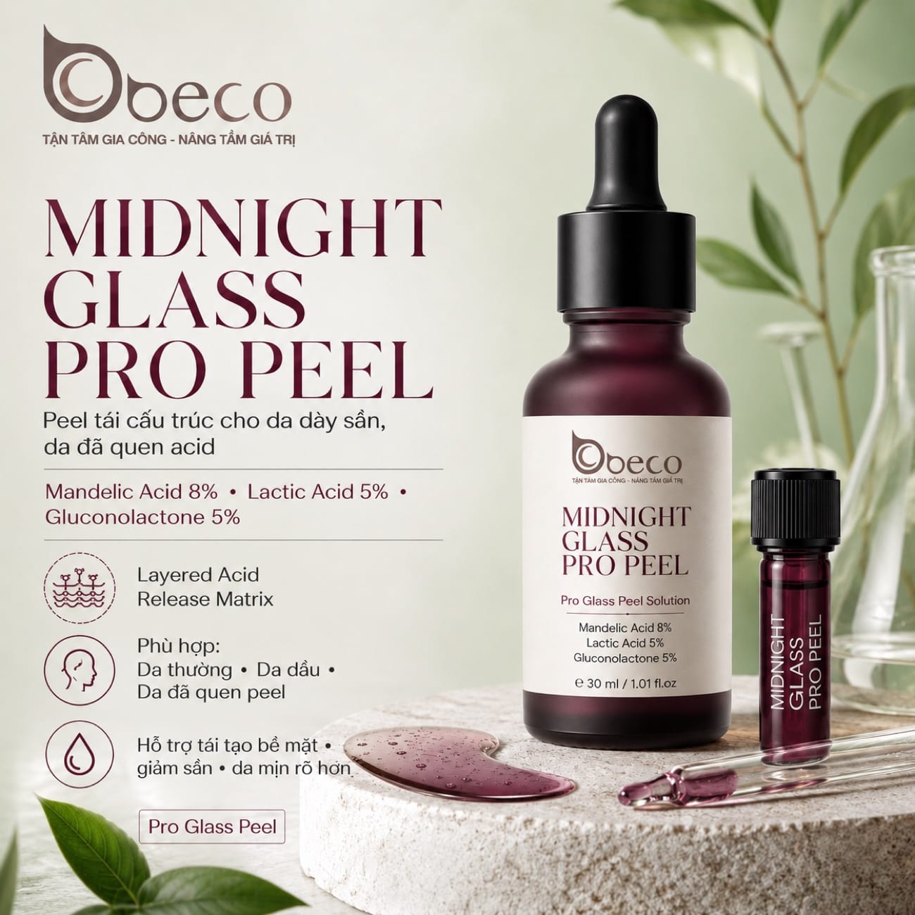 Serum Midnight Glass Pro Peel do BECO gia công, nền Mandelic và Lactic Acid