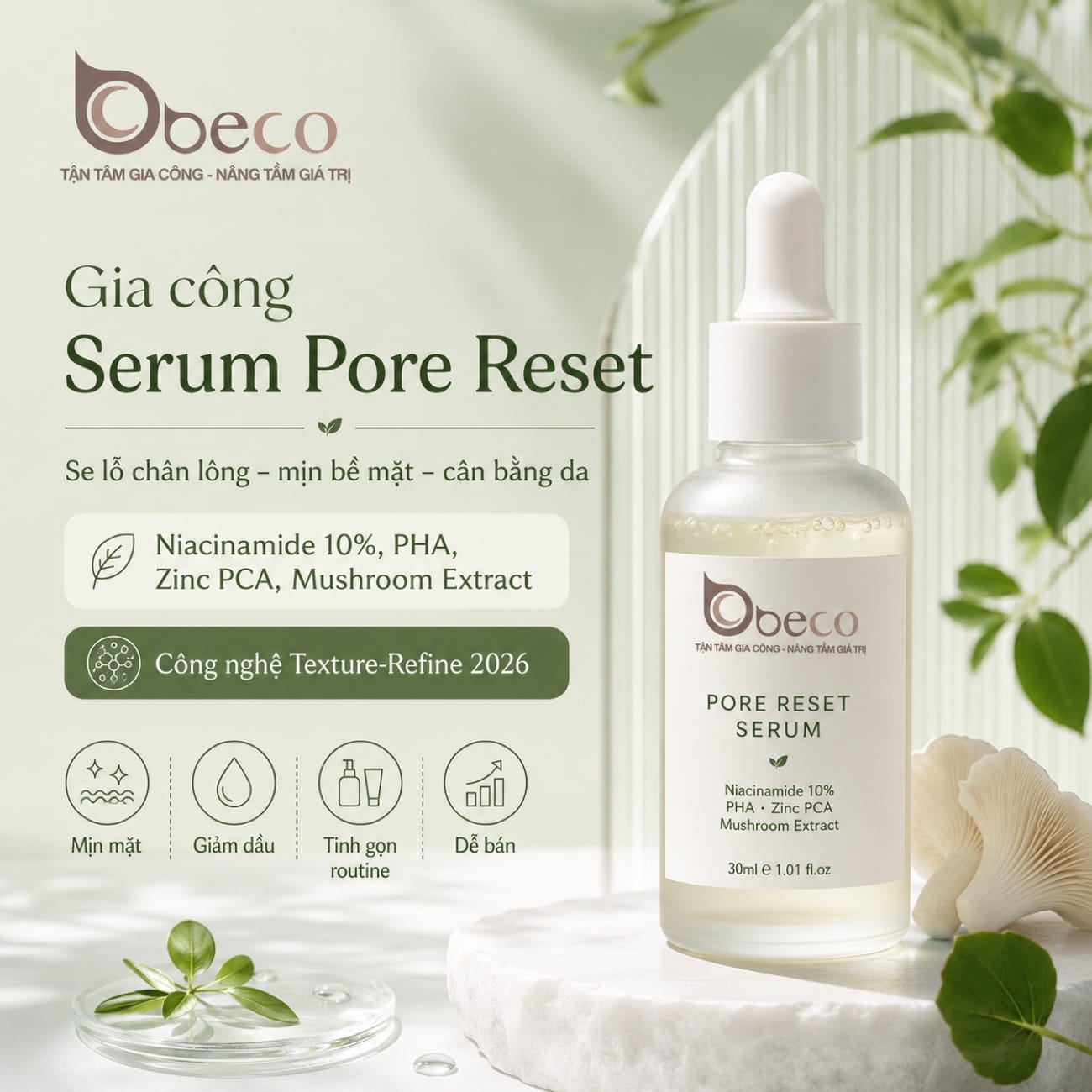 Serum Pore Reset do BECO gia công, nền Niacinamide 10% và Zinc PCA