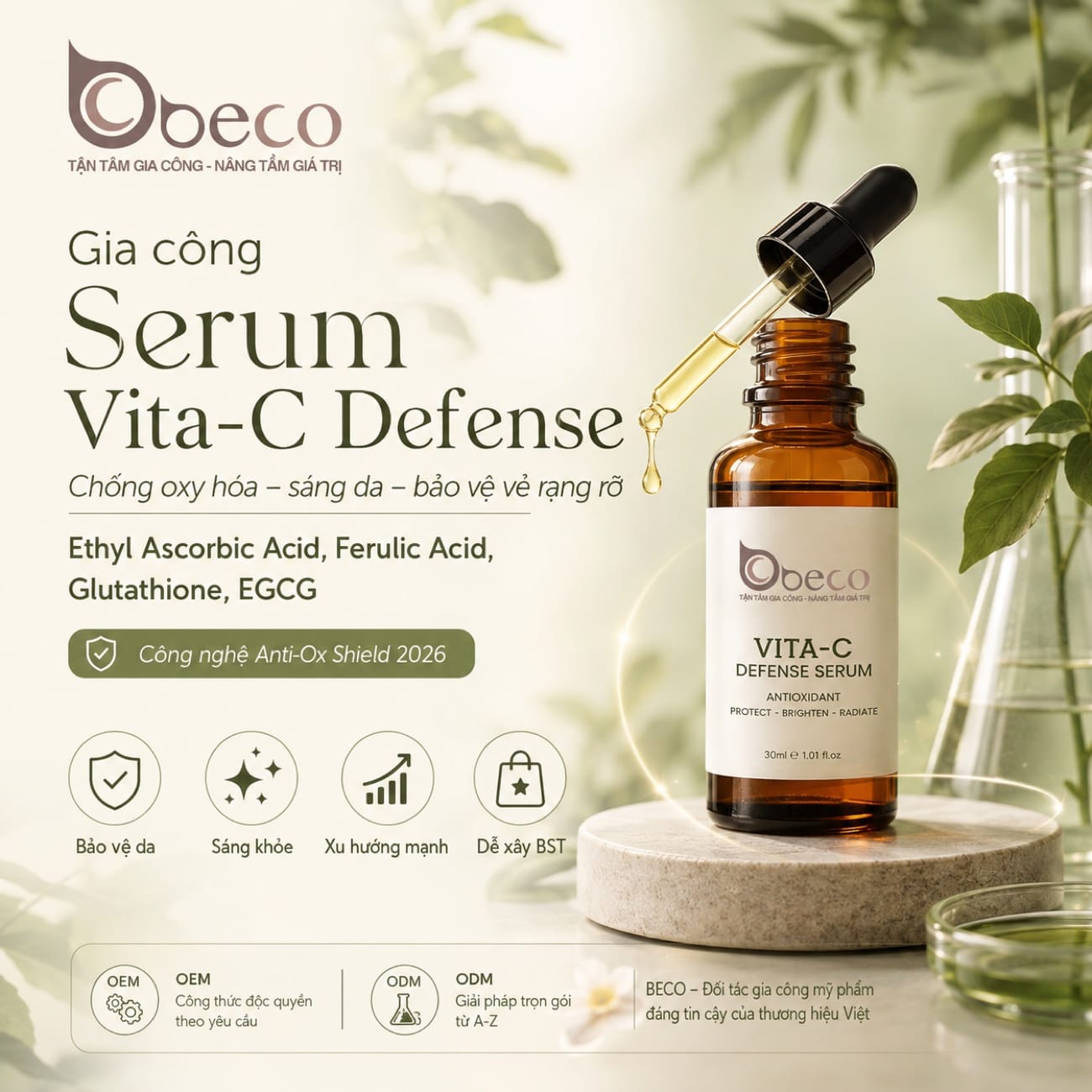 Serum Vita-C Defense do BECO gia công, nền Ethyl Ascorbic Acid và Ferulic Acid