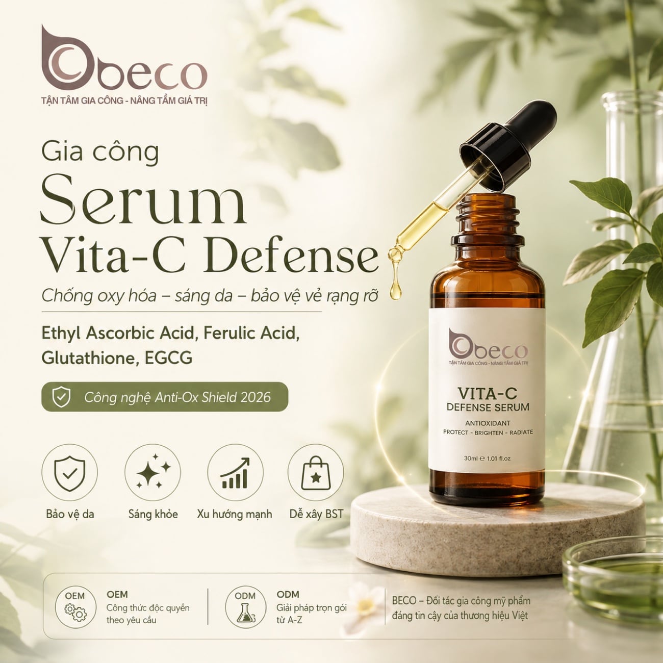 Serum Vita-C Defense do BECO gia công, nền Ethyl Ascorbic Acid và Ferulic Acid