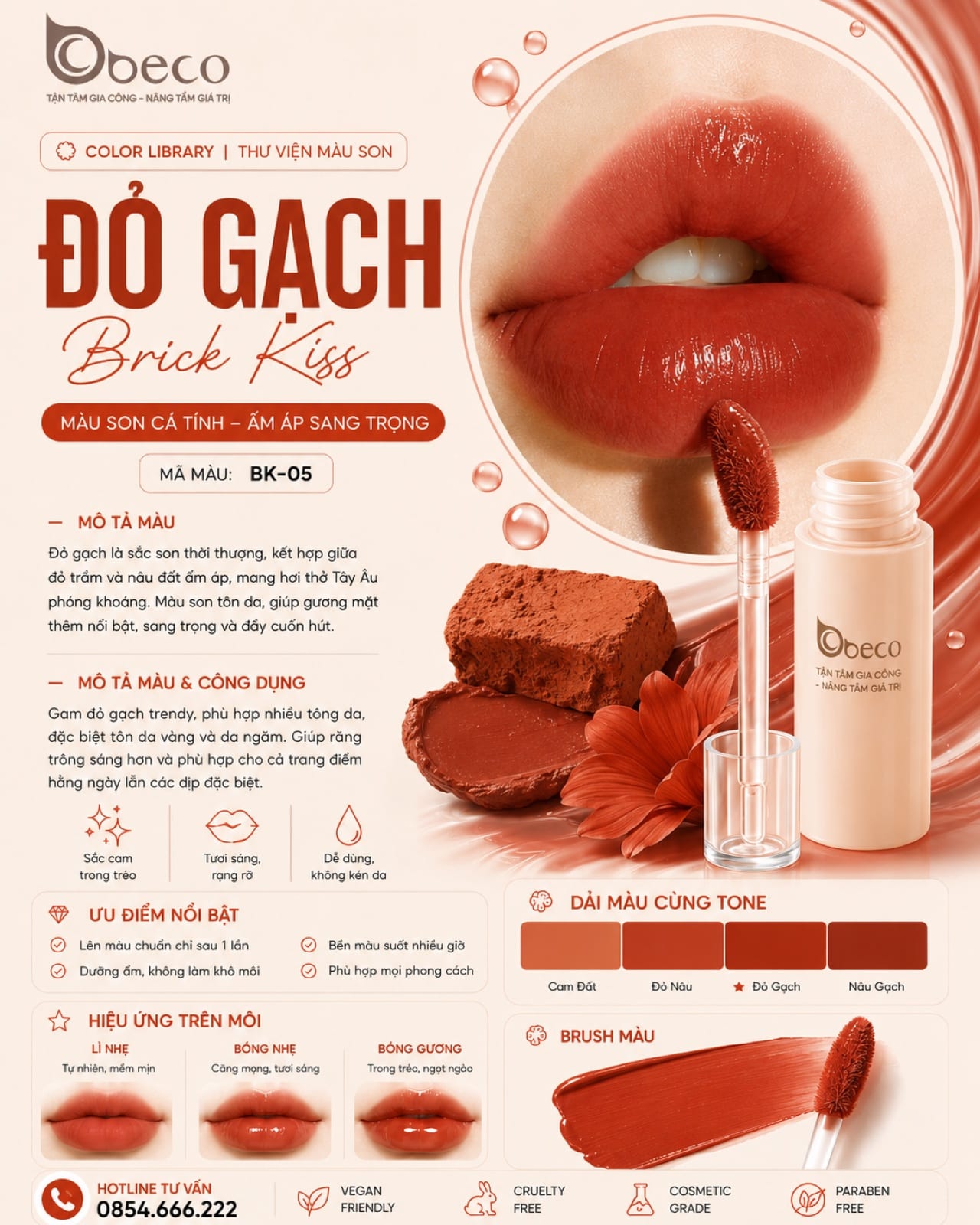 Thẻ màu son BK-05 Đỏ gạch (Brick Kiss) do BECO gia công