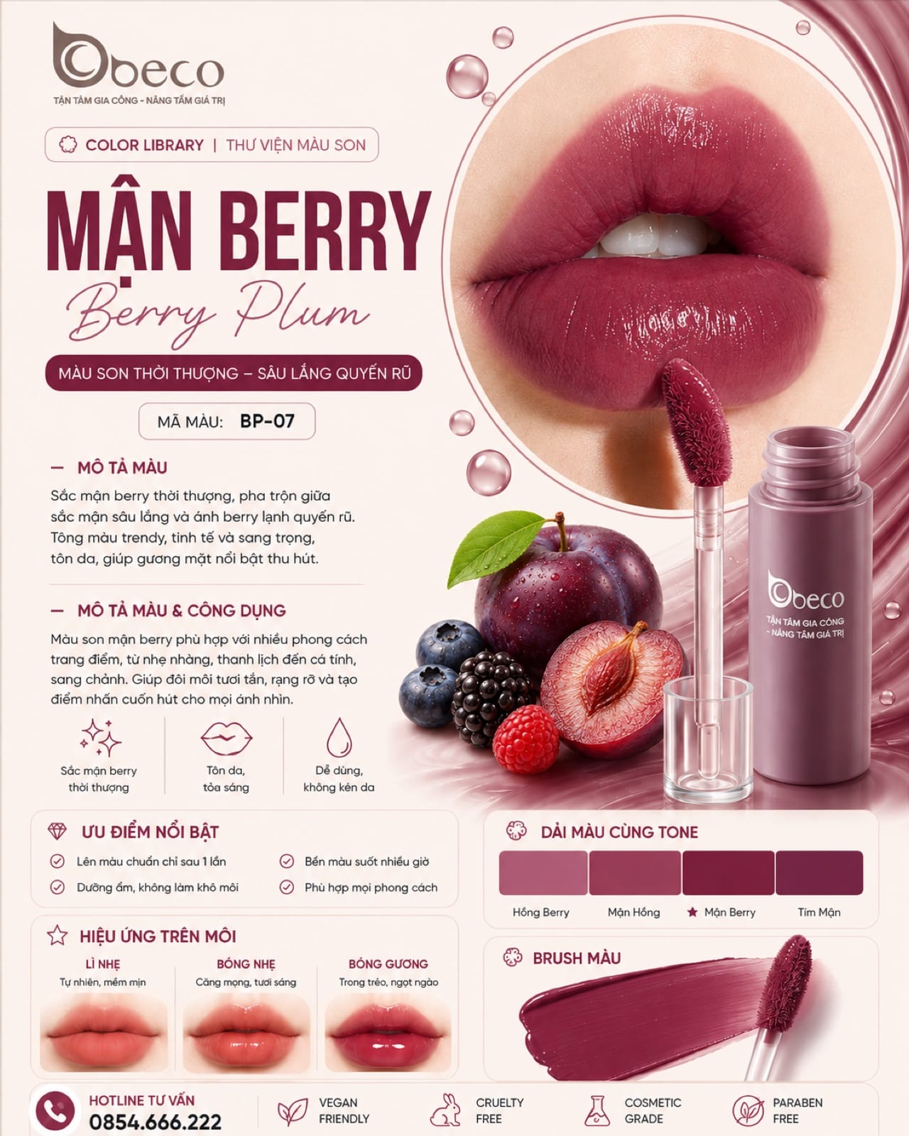 Thẻ màu son BP-07 Mận berry (Berry Plum) do BECO gia công