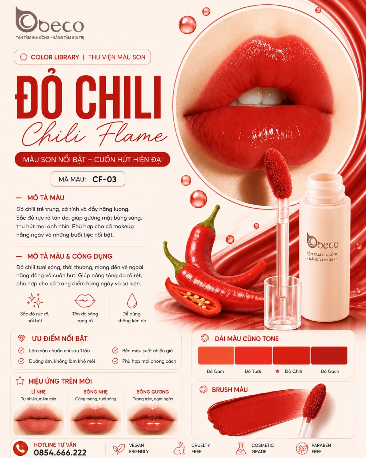 Thẻ màu son CF-03 Đỏ chili (Chili Flame) do BECO gia công