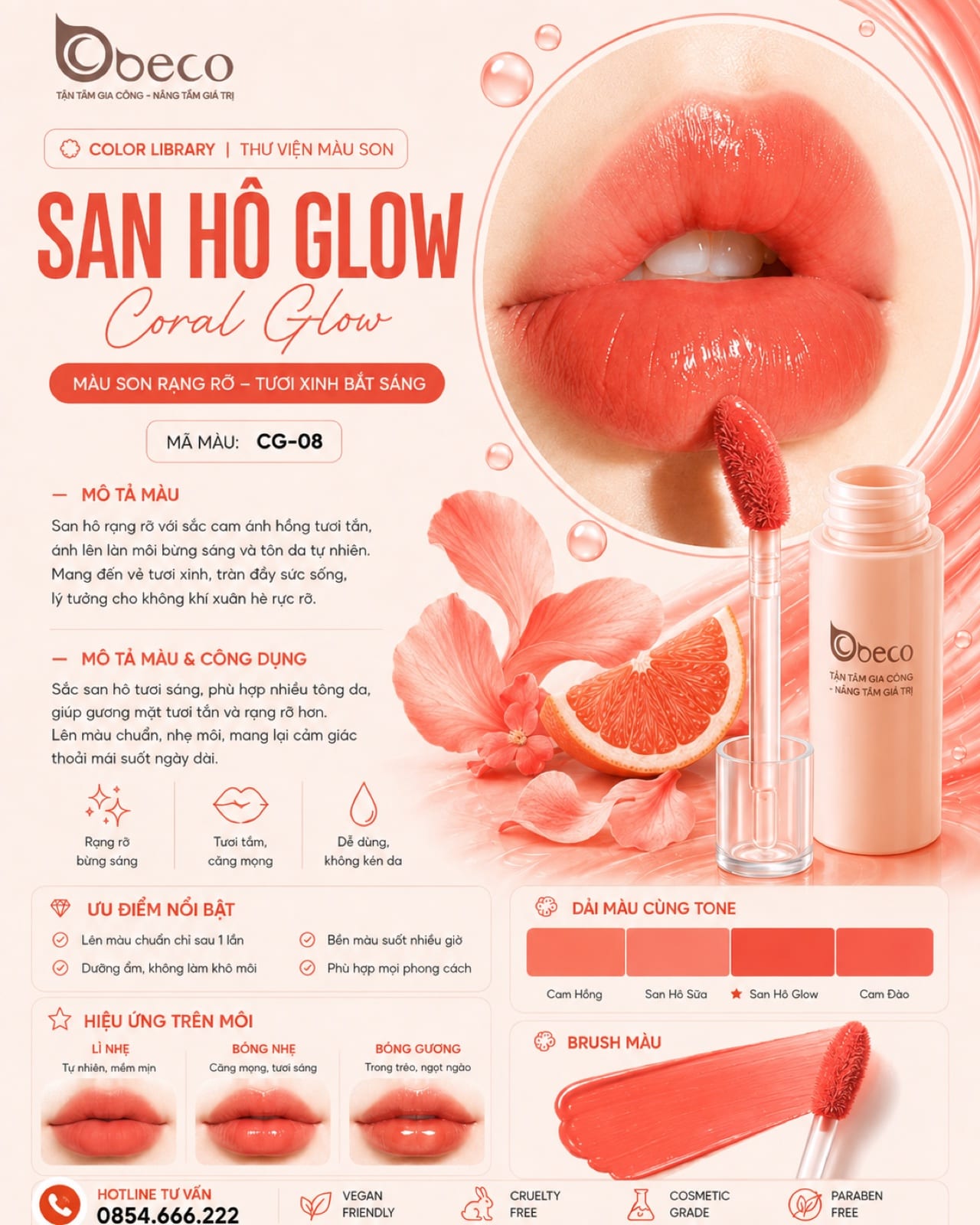 Thẻ màu son CG-08 San hô glow (Coral Glow) do BECO gia công