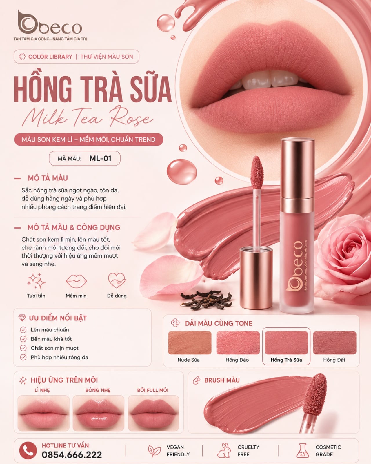 Thẻ màu son ML-01 Hồng trà sữa (Milky Tea Rose) do BECO gia công