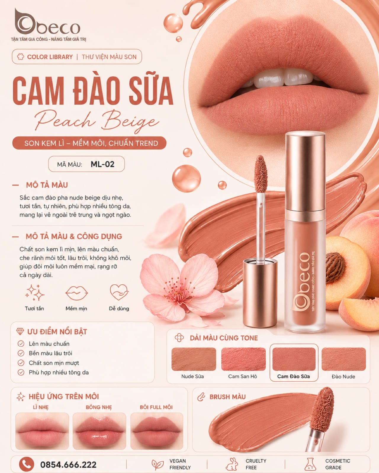 Thẻ màu son ML-02 Cam đào sữa (Peach Beige) do BECO gia công