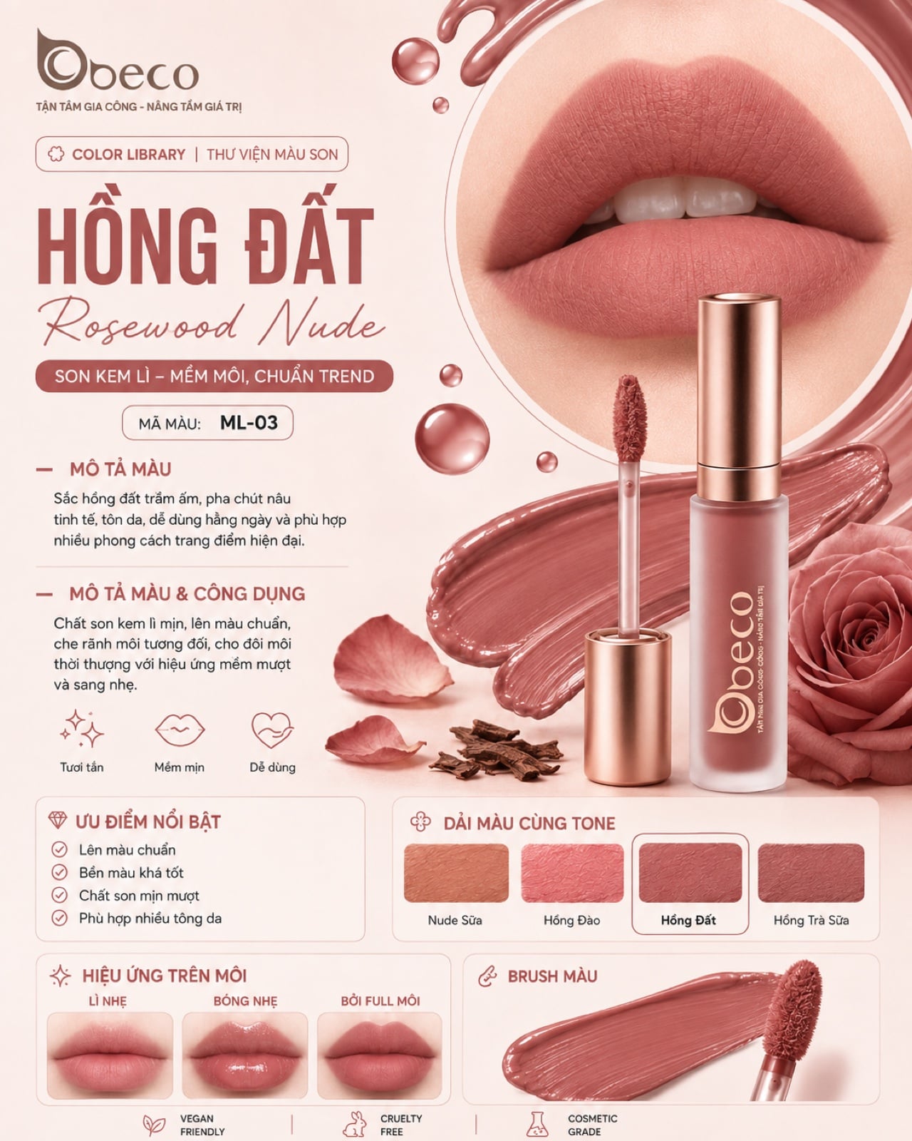 Thẻ màu son kem lì ML-03 Hồng đất trong thư viện màu son của BECO