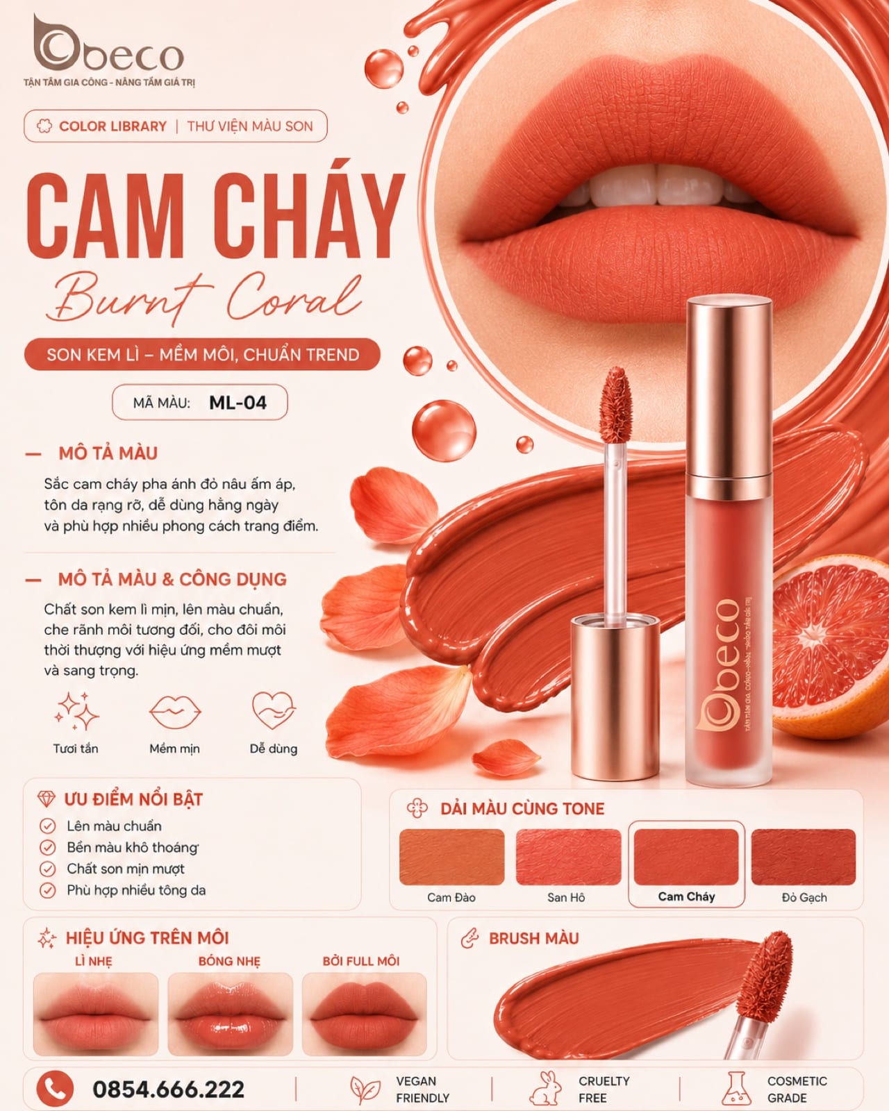 Thẻ màu son ML-04 Cam cháy (Burnt Coral) do BECO gia công