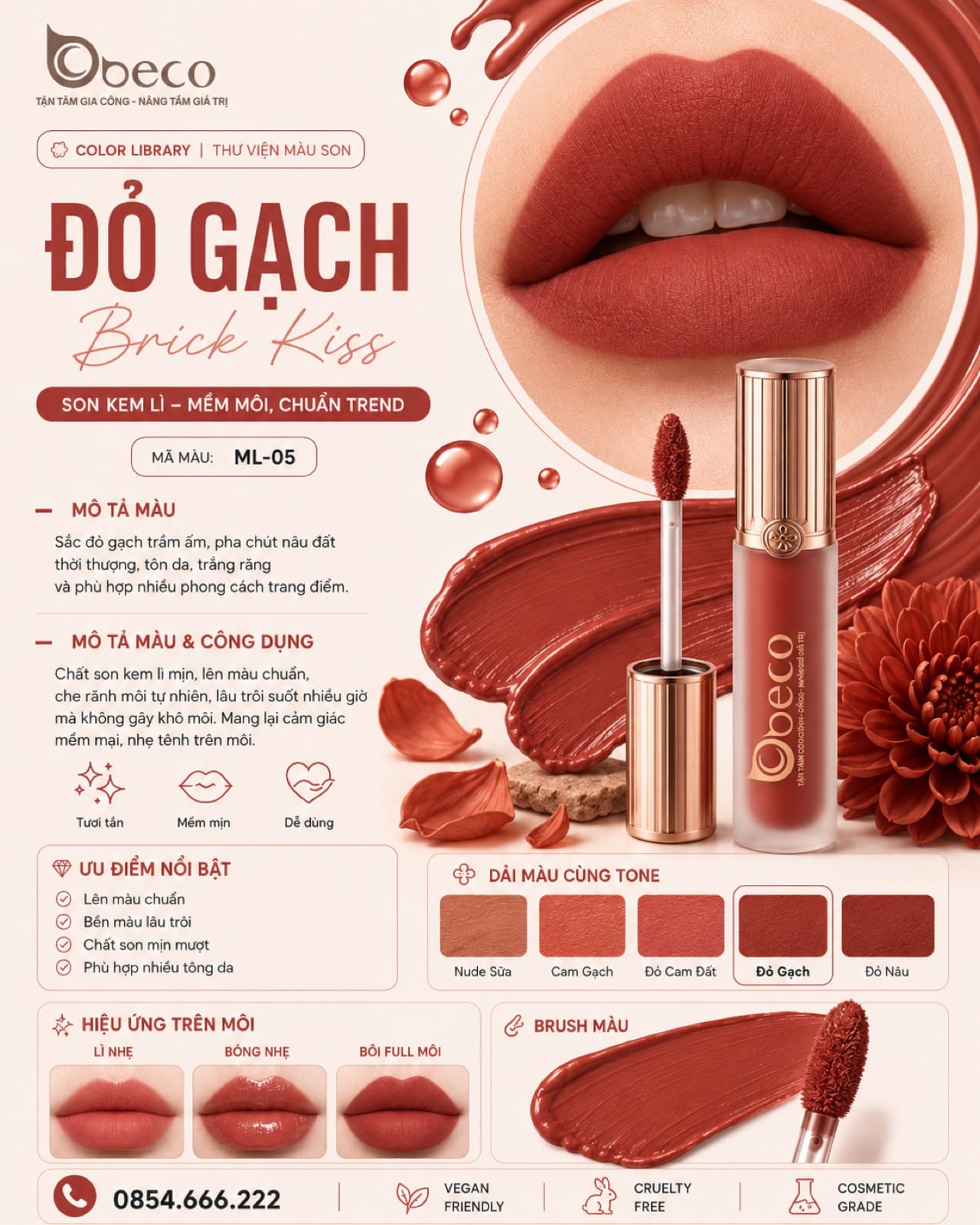 Thẻ màu son ML-05 Đỏ gạch (Brick Kiss) do BECO gia công