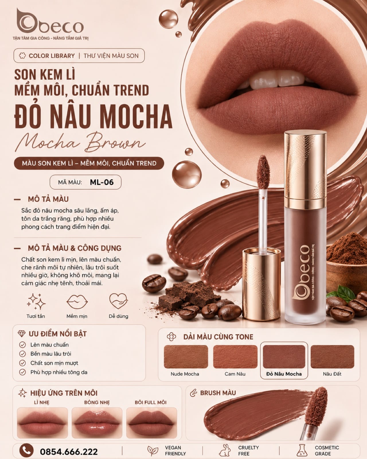 Thẻ màu son ML-06 Đỏ nâu mocha (Mocha Brown) do BECO gia công