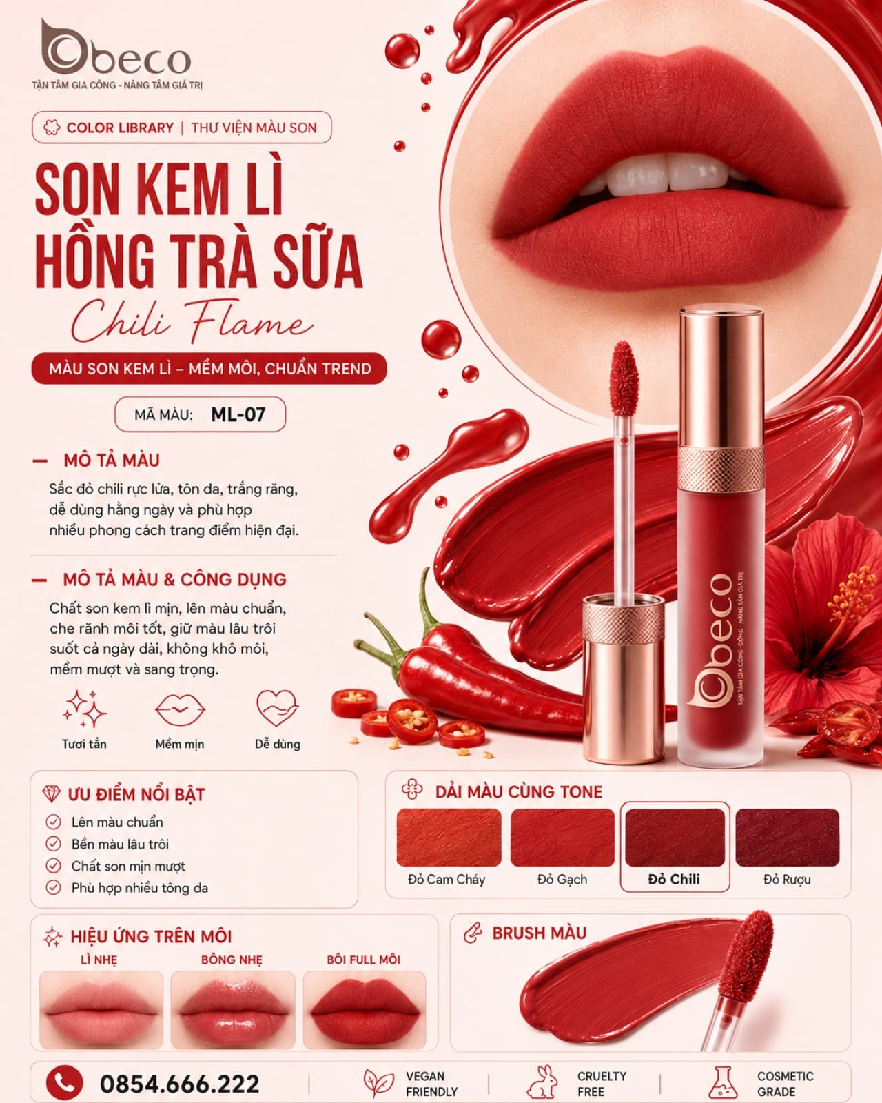 Thẻ màu son ML-07 Đỏ chili (Chili Flame) do BECO gia công