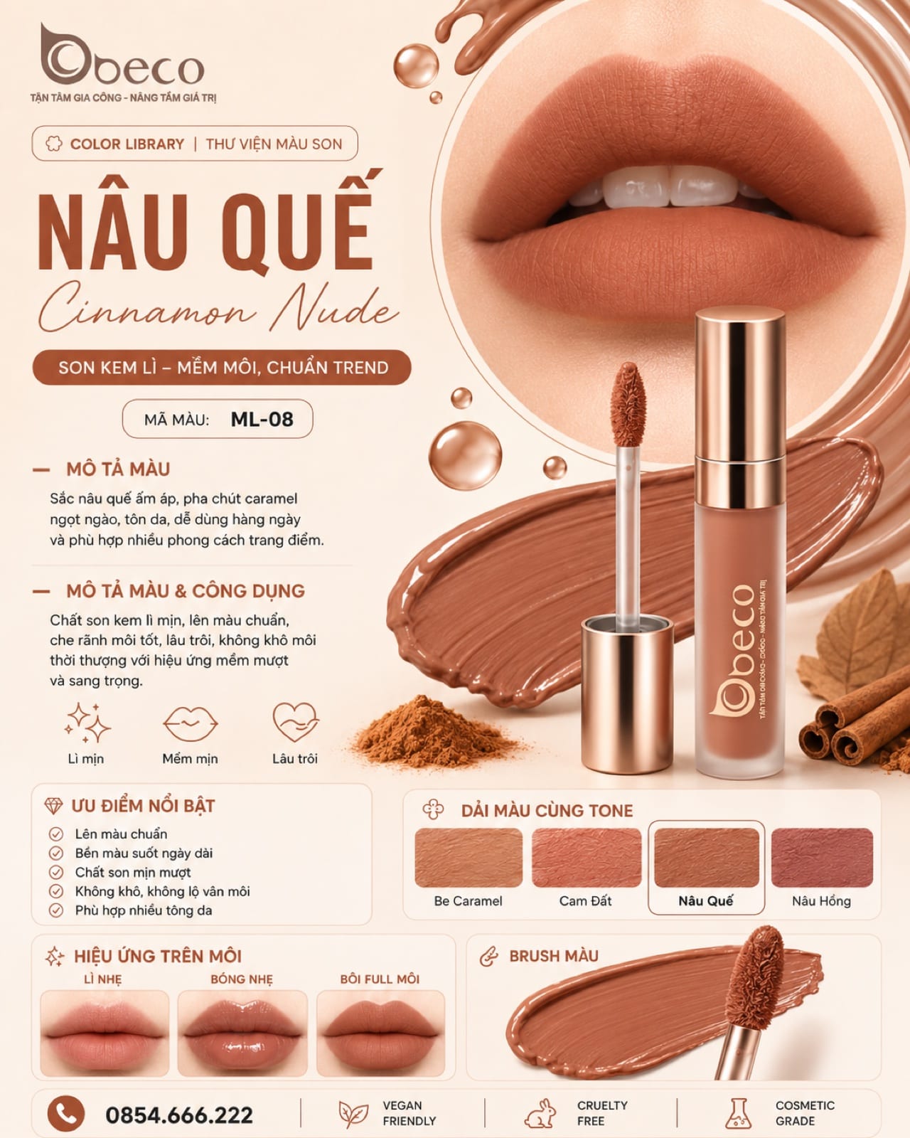 Thẻ màu son ML-08 Nâu quế (Cinnamon Nude) do BECO gia công