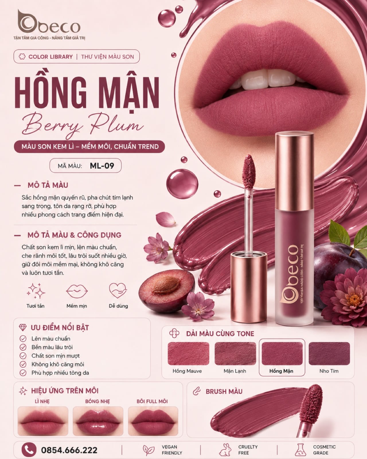 Thẻ màu son ML-09 Hồng mận (Berry Plum) do BECO gia công